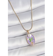 316L Çelik Gold Renk Zincir Mor Mineli Oval İncili Çiçek İşlemeli Portre Model Kadın Kolye