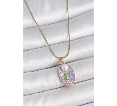 316L Çelik Gold Renk Zincir Mor Mineli Oval İncili Çiçek İşlemeli Portre Model Kadın Kolye