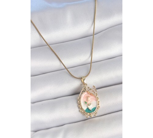 316L Çelik Gold Renk Zincir Mix Renk Çiçek İşlemeli Zirkon Taş Detaylı Portre Model Kadın Kolye