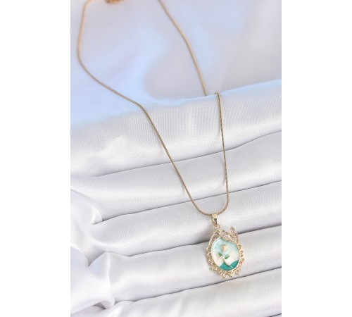 316L Çelik Gold Renk Zincir Mavi Mineli Çiçek İşlemeli Zirkon Taş Detaylı Portre Model Kadın Kolye