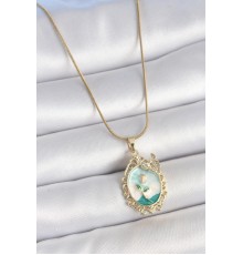 316L Çelik Gold Renk Zincir Mavi Mineli Çiçek İşlemeli Zirkon Taş Detaylı Portre Model Kadın Kolye