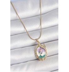 316L Çelik Gold Renk Zincir Mix Renk Mineli Çiçek İşlemeli Zirkon Taş Detaylı Portre Model Kadın Kolye