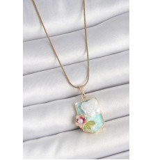 316L Çelik Gold Renk Zincir Mavi Mineli İncili Çiçek İşlemeli Portre Model Kadın Kolye