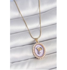 316L Çelik Gold Renk Zincir Mor Mineli İncili Zirkon Taşlı Çiçek İşlemeli Portre Model Kadın Kolye