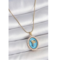 316L Çelik Gold Renk Zincir Mavi Mineli İncili Zirkon Taşlı Çiçek İşlemeli Portre Model Kadın Kolye