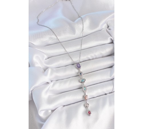 316L Çelik Gümüş Renk Zincir Zirkon Taşlı Y Model Dekolte Kadın Kolye