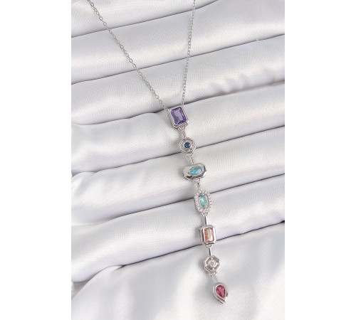 316L Çelik Gümüş Renk Zincir Zirkon Taşlı Y Model Dekolte Kadın Kolye