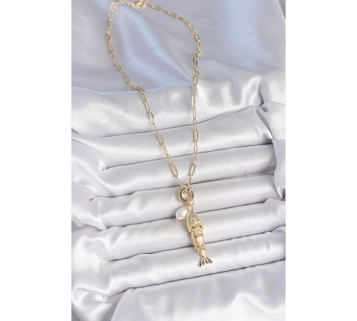 İnci Detaylı Zirkon Taşlı Balık Figürlü Gold Renk Pirinç Kolye