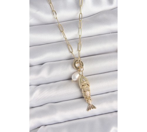 İnci Detaylı Zirkon Taşlı Balık Figürlü Gold Renk Pirinç Kolye