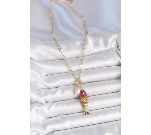 İnci Detaylı Zirkon Taşlı Rainbow Balık Figürlü Gold Renk Pirinç Kolye