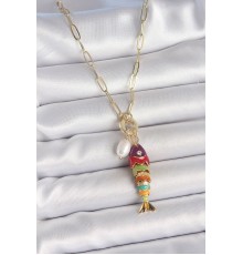 İnci Detaylı Zirkon Taşlı Rainbow Balık Figürlü Gold Renk Pirinç Kolye