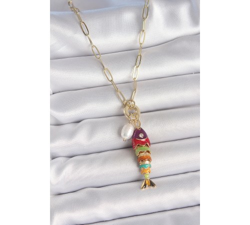 İnci Detaylı Zirkon Taşlı Rainbow Balık Figürlü Gold Renk Pirinç Kolye