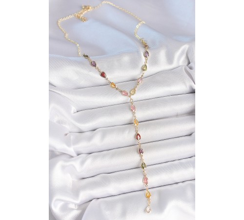 Gold Karışık Renk Zirkon Taşlı Y Pirinç Kolye