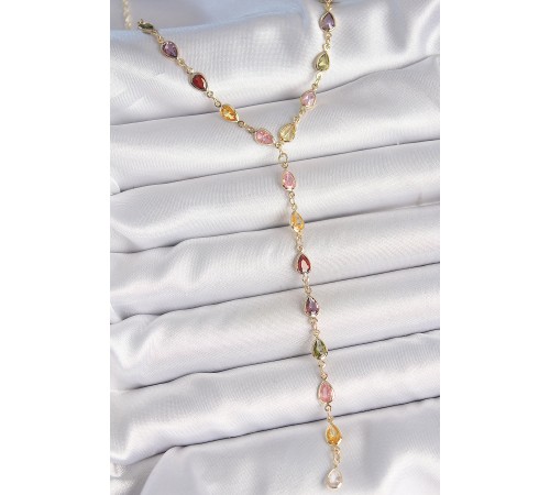 Gold Karışık Renk Zirkon Taşlı Y Pirinç Kolye