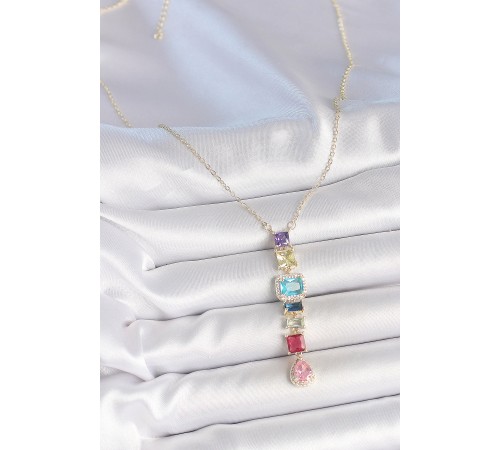 Gold Karışık Renk Zirkon Taşlı Y Pirinç Kolye