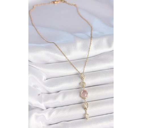 316L Çelik Zincir Gold Renk Pembe Zirkon Taşlı Y Kolye