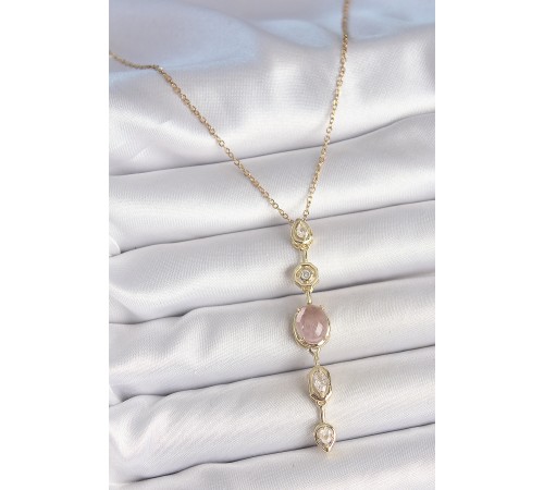 316L Çelik Zincir Gold Renk Pembe Zirkon Taşlı Y Kolye