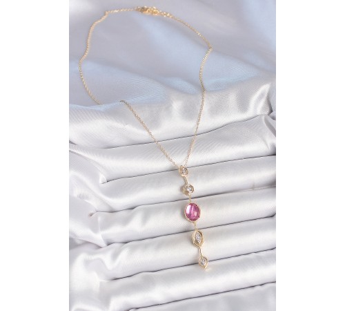 Pirinç Zincir Gold Renk Pembe Zirkon Taşlı Y Kolye