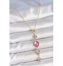 Pirinç Zincir Gold Renk Pembe Zirkon Taşlı Y Kolye