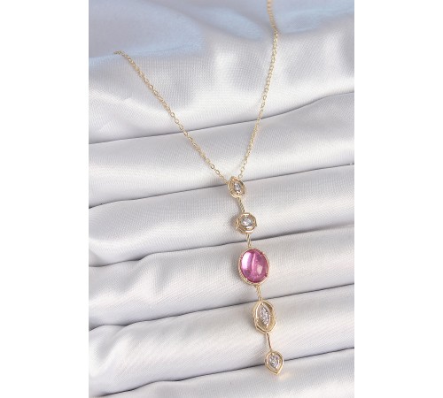Pirinç Zincir Gold Renk Pembe Zirkon Taşlı Y Kolye