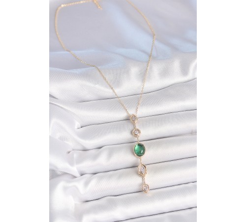 Pirinç Zincir Zümrüt Yeşil Gold Renk Zirkon Taşlı Y Kolye