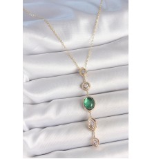 Pirinç Zincir Zümrüt Yeşil Gold Renk Zirkon Taşlı Y Kolye