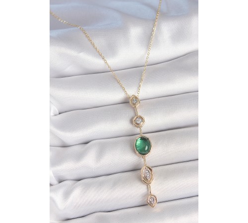 Pirinç Zincir Zümrüt Yeşil Gold Renk Zirkon Taşlı Y Kolye