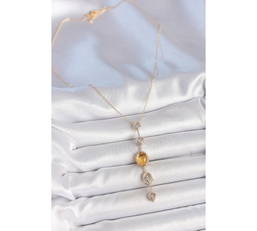 Pirinç Zincir Kehribar Sarı Gold Renk  Zirkon Taşlı Y Kolye