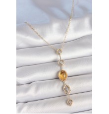 Pirinç Zincir Kehribar Sarı Gold Renk  Zirkon Taşlı Y Kolye
