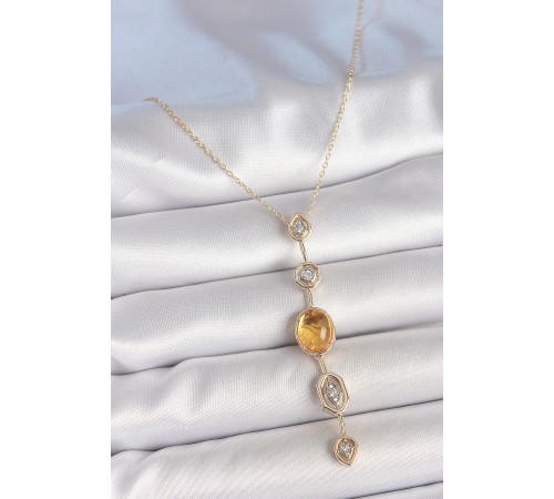 Pirinç Zincir Kehribar Sarı Gold Renk  Zirkon Taşlı Y Kolye