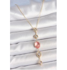Pirinç Zincir Pembe Gold Renk Zirkon Taşlı Y Kolye