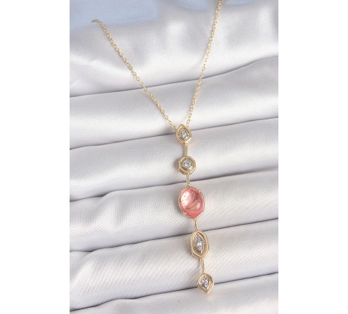 Pirinç Zincir Pembe Gold Renk Zirkon Taşlı Y Kolye