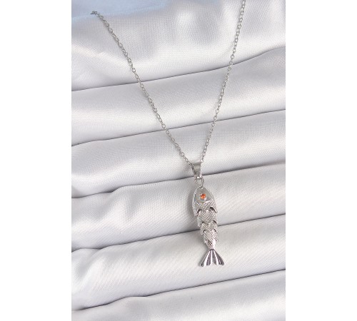 316L Çelik Zincir Gümüş Renk Zirkon Taşlı Balık Figürlü Kolye