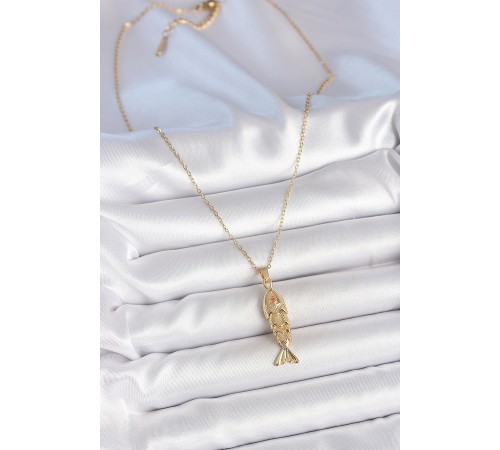 316L Çelik Zincir Gold Renk Zirkon Taşlı Balık Figürlü Kolye