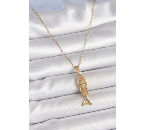 316L Çelik Zincir Gold Renk Zirkon Taşlı Balık Figürlü Kolye