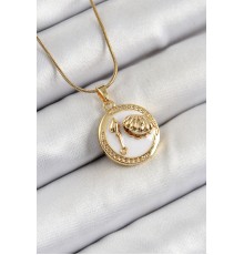 316L Çelik Zincir Beyaz Mineli Sanatsal Portre İstiridye Model Gold Renk Kadın Kolye