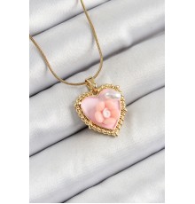 316L Çelik Zincir Pembe Sanatsal Portre İnci Detaylı Papatya Figürlü Kalp Model Gold Renk Kadın Kolye