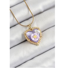 316L Çelik Zincir Mor Sanatsal Portre İnci Detaylı Papatya Figürlü Kalp Model Gold Renk Kadın Kolye