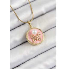316L Çelik Zincir Zirkon Taşlı Pembe Sanatsal Portre İnci Detaylı Kelebek Model Gold Renk Kadın Kolye