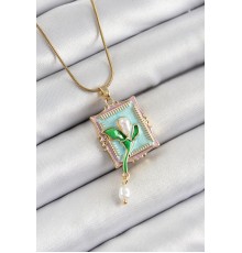 316L Çelik Zincir Turkuaz Sanatsal Portre Sallantılı İnci Detaylı Lale Model Gold Renk Kadın Kolye