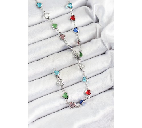 Pirinç Gümüş Renk Karışık Renk Zirkon Taşlı Kalpli Y Kadın Kolye