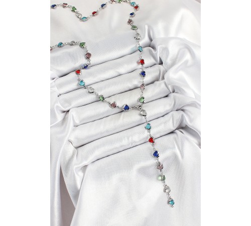 Pirinç Gümüş Renk Karışık Renk Zirkon Taşlı Kalpli Y Kadın Kolye