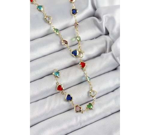 Pirinç Gold Renk Karışık Renk Zirkon Taşlı Kalpli Y Kadın Kolye