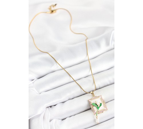 316L Çelik Zincir Beyaz Sanatsal Portre Sallantılı İnci Detaylı Lale Model Gold Renk Kadın Kolye