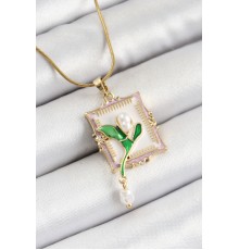 316L Çelik Zincir Beyaz Sanatsal Portre Sallantılı İnci Detaylı Lale Model Gold Renk Kadın Kolye