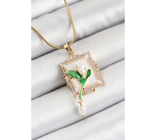 316L Çelik Zincir Beyaz Sanatsal Portre Sallantılı İnci Detaylı Lale Model Gold Renk Kadın Kolye