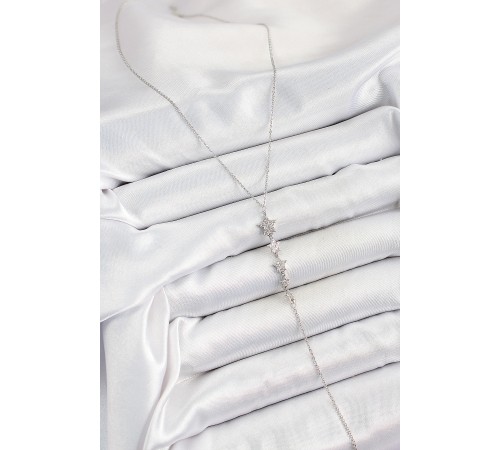 Pirinç Zirkon Taşlı Sıralı Yıldız Figürlü Y Model Gümüş Renk Kadın Kolye