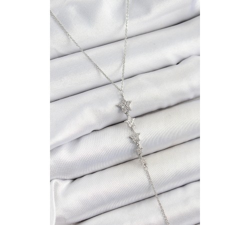 Pirinç Zirkon Taşlı Sıralı Yıldız Figürlü Y Model Gümüş Renk Kadın Kolye