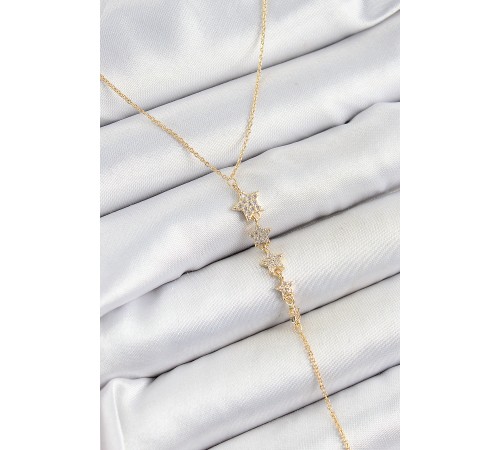 Pirinç Zirkon Taşlı Sıralı Yıldız Figürlü Y Model Gold Renk Kadın Kolye
