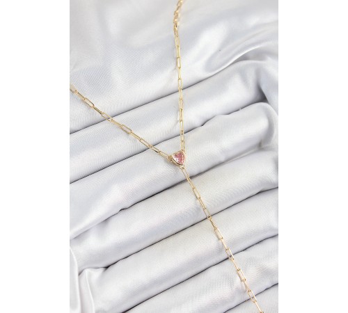 Pirinç Zirkon Taşlı Pembe Kalp Figürlü Y Model Gold Renk Kadın Kolye